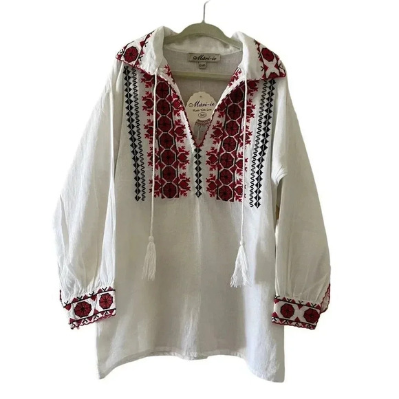 Mari-ie White Red Black Collar Neck Embroidered Romanian Festival SZ 6 #1380 - Picture 1 of 15